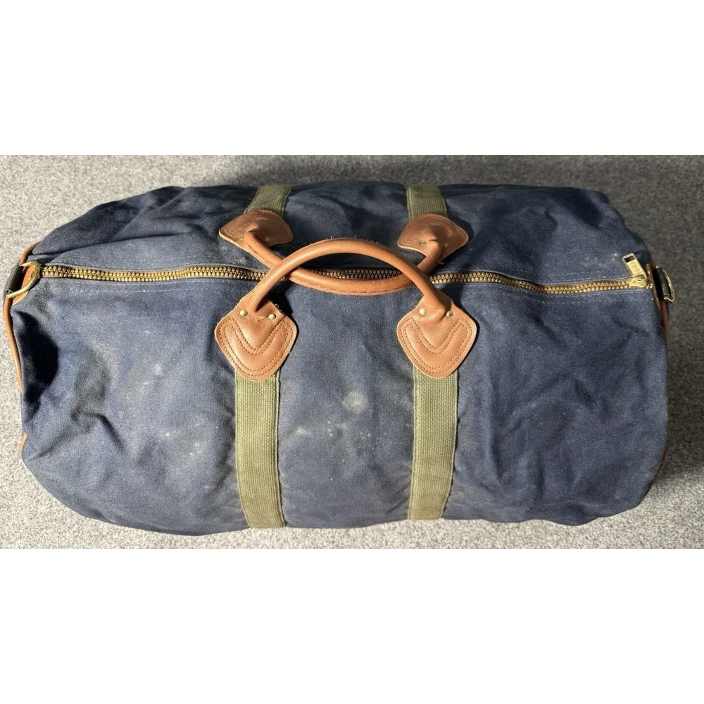 LL Bean Vintage 80s Blue Green Leather Handle Duffel Bag Zip Top Freeport Maine